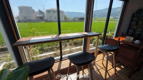 田園風景を眺めながら過ごせるワッフルのサウルの窓際席