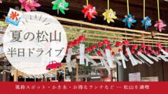 Promotional banner for 夏の松山 半日ライブ with colorful pinwheels and hanging paper strips in a shrine setting; small red car icon.