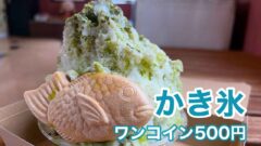 Shaved ice dessert with green tea flavor and a fish-shaped taiyaki on the side; price text shows 500 yen (one coin).