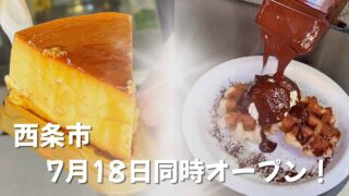 Left: thick slice of cheesecake; right: waffles with chocolate sauce being poured onto a plate, with Japanese text '西条市 7月18日同時オープン！' announcing a July 18 opening in Saijo City.