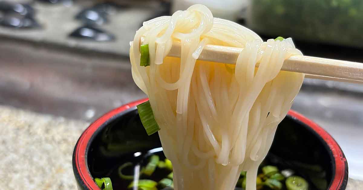 西予市・名水亭の観音水そうめん流しでそうめんを味わう様子