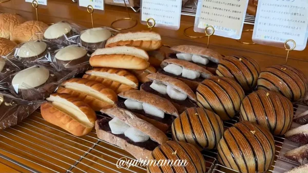 パン屋 晴れの日に並ぶメロンパンやくるみあんもち