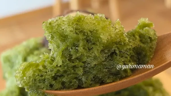 アンブリスの宇治抹茶かき氷をスプーンですくったようす - ゆりママんブログ アンブリスの宇治抹茶かき氷をスプーンですくったようす