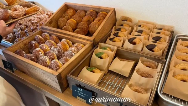 ドドドーナツ店内に並ぶ約10種類のドーナツ
